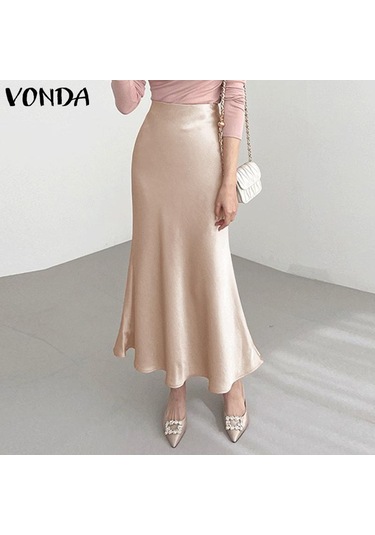 Vonda Kadın Yaz Yüksek Bel Düz Renk Bol Kloş Etek Haki