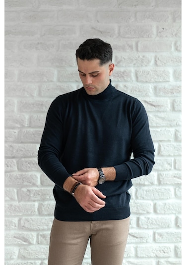 Brng Yarım Balıkçı Slimfit Likralı Erkek Kazak Lacivert