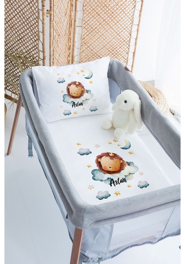 Lilabio %100 Pamuk Saten İsme Özel İsimli 70x120 Park Yatak Nevresim Seti Aslan-2