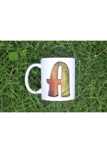 A Harf Yaprak Renkleri İle Kupa Bardak - Kişiye Özel Alfabe Harfli Bardak - Hediye Beyaz