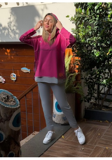 Ge Ticaret Kadın Pembe Kapşonlu Etek Ucu Detay Arma Ters Dikiş Gorunumlu Ikili Takım Pembe