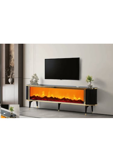Bera Sonata - Gold Şömineli Ceylan Tv Sehpası Gold - Siyah