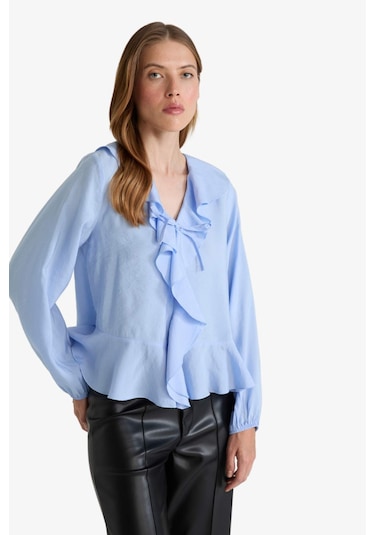 Defacto Regular Fit V Yaka Modal Volanlı Uzun Kollu Bluz G1971ax25wnbe305 Mavi