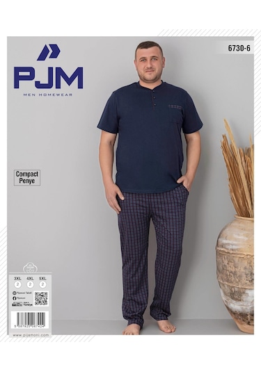 Pijamoni Erkek Battal Düğme Yaka Penye Kısa Kol Pijama Takımı 6730/6 - 1 Adet Lacivert