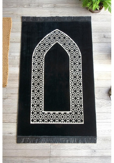 Mihrap Motifli Kadife Seccade Siyah Siyah