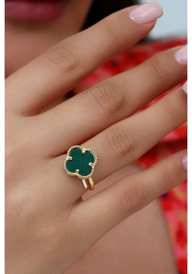 14k Altın Kaplamalı 925 Ayar Gümüş Granada Saray Yoncası Yüzük - Yeşil 34025200 Altın