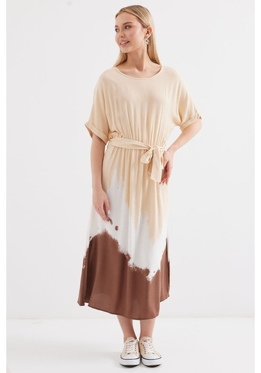 Bigdart 2504 Desenli Kısa Kol Viskon Elbise - Krem 001