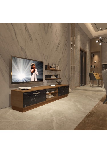 Decoraktiv Eko 4b Mdf Dvd Tv Ünitesi Tv Sehpası Ceviz - Siyah Mermer