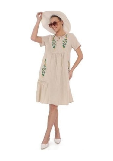 Yarım Kol Yuvarlak Yaka İşlemeli Keten Elbise-9166 KREm Krem