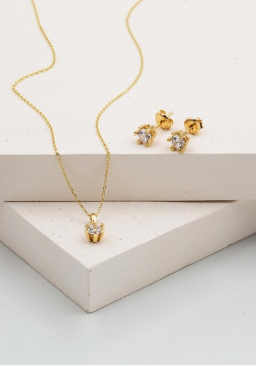 Bilezikci Tek Taşlı 14 Ayar Kolye Küpeli Altın Set