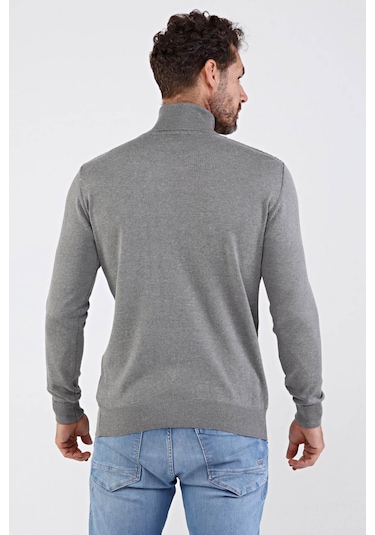 Çizgi Triko Erkek Tam Balıkçı Yaka Pamuklu Triko Kazak 4669E Gri