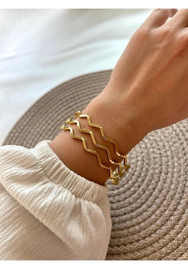 Altın Renk 6 Adet 22 Ayar Kaplama Zikzak Ajda Bilezik Bileklik 22 Cm. - 3288-6 Çok Renkli