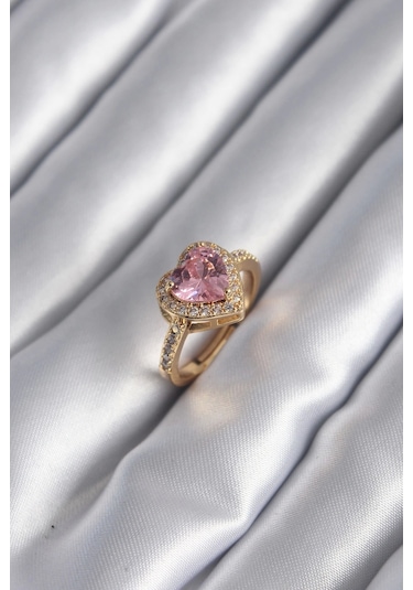 Pirinç Gold Renk Pembe Zirkon Taşlı Charm Kalp Model Kadın Yüzük Çok Renkli