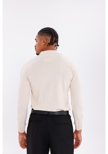 Monox Erkek Yarım Fermuarlı Polo Yaka Triko Kazak Bej