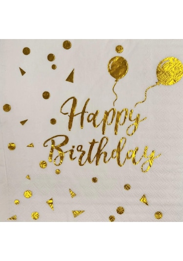Peçete Varaklı Happy Birthday Yazı Beyaz Üstü Gold