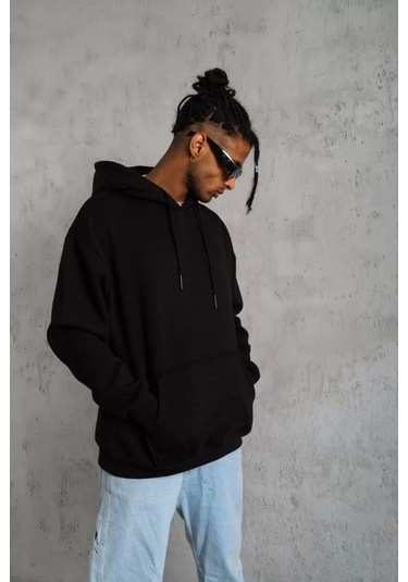 Erkek Düz Kapüşonlu Sweat - Siyah Siyah