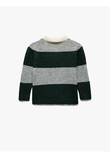 Koton Uzun Kollu Renk Bloklu Düğmeli Polo Yaka Triko Kazak Gri Çizgili 6wmb90002tt Gri Çizgili