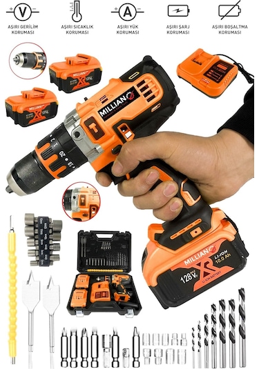 128 V 10 Ah Bakır Sargılı Darbeli Şarjlı Matkap Çift Akülü 39 Pa