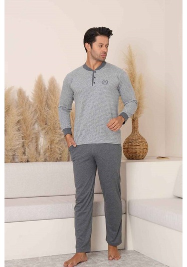 Alimer Erkek 3 Düğmeli Çizgili Desen %100 Pamuk Uzun Manşetli Kol Cepli Pijama Takımı Gri