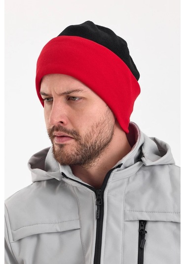 Erkek Siyah Polar Dış, Kahve Pamuklu Iç Kısım, Çift Renk Çift Katmanlı Katlanabilir Yumuşak Bere - Standart / Siyah-kırmızı Siyah-kırmızı