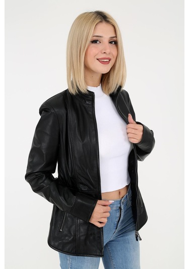 DERİNSS DKA1001 Hakiki Deri Kadın Siyah Mont