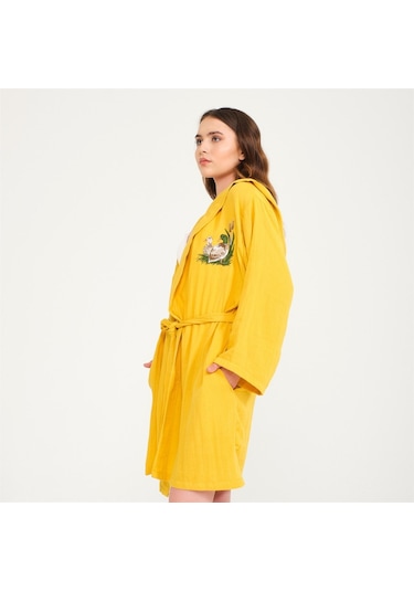 Ördek Nakışlı Kısa Kapüşonlu Müslin Kadın Bornoz-Sarı