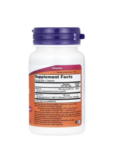 Now Foods, Mega D-3 K2 Vitamin & Mk-7, 5,000 Iu / 180 Mcg, 60 Cap