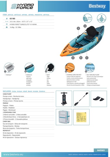 Hydro-force 65180 Surge Elite X1 Tek Kişilik Kano Seti 3.12m X 94cm X 30cm