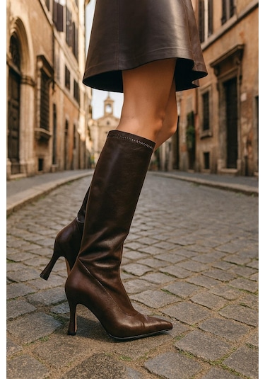 Diz Altı Streç Kadın Topuklu Çizme Kahverengi
