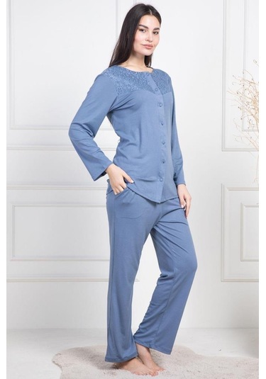 Mecit 6105 Bayan İndigo Büyük Beden Boydan Düğmeli Pijama Takımı İndigo
