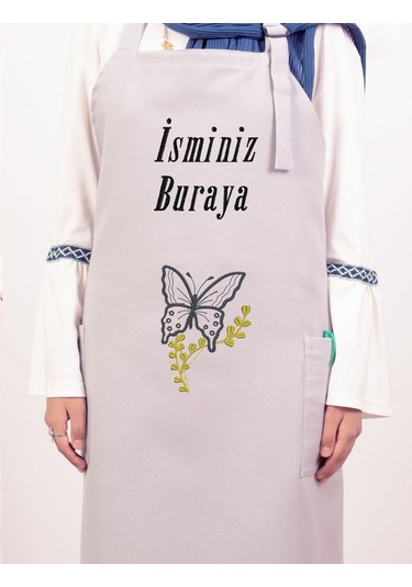 Mutfak Önlüğü Kişiye Ve İsme Özel Nakışlı Mutfak Önlüğü Kelebek01 Farklı Renkler Gri