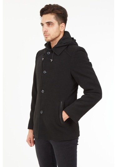 Sposo 1704 Çıkma Kapşonlu Yün Kaşe Füme Erkek Kaban Füme