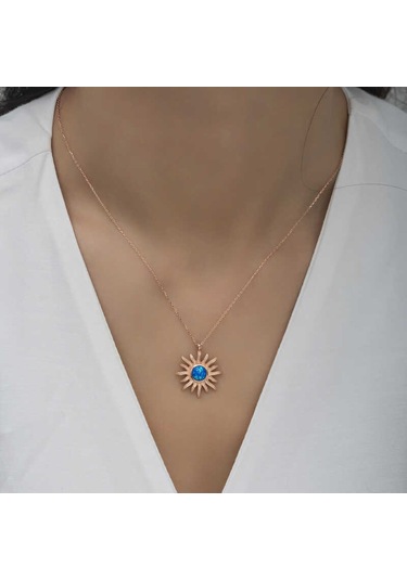 925 Ayar Gümüş Rose Mi Opal Taşlı Güneş Kadın Kolye