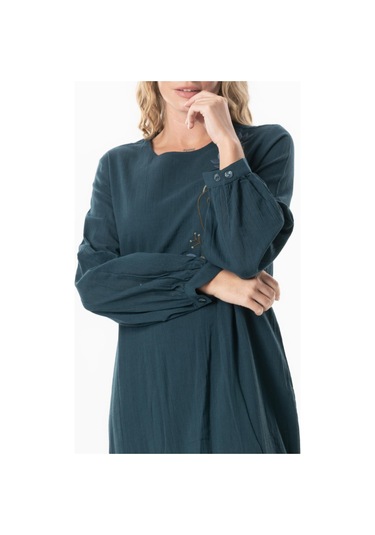 Uzun Kol Şile Bezi Gülşah Bisiklet Yaka Nakışlı Uzun Yazlık Elbise Petrol Ptrl Petrol