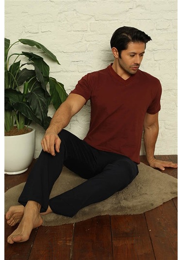 Akbeniz Erkek Bordo V Yaka 3'Lü Pijama Takım 6822-Bordo