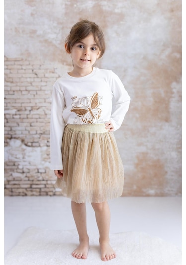 Mininio Kız Bebek Baskılı T-shirt Etek Ikili Takım - Bej Bej
