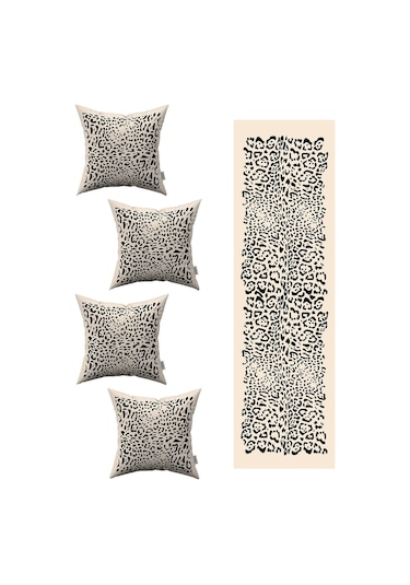 Siyah Krem Leopar Desenli 4'lü Kırlent Kılıfı 1 Runner Seti 4kmbs206-rs