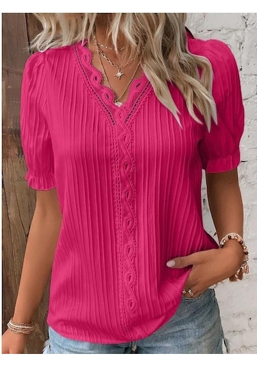 Gül Kırmızısı Yaz Kadın T-shirt Moda Hollow Kısa Kollu Kadın Gömlek Tops Çok Renkli