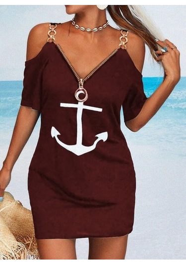 The İstanbul Fermuar Detay Çıpa Baskılı Zincir Askılı Iki Iplik Elbise - Bordo Bordo