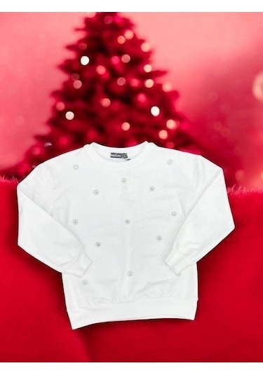 Kız Çocuk Pamuklu İnci İşlemeli İnce Sweatshirt-15007 Ekru
