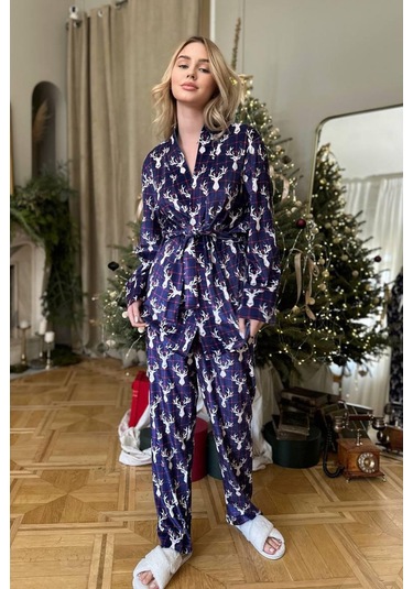 Mor Zemin Beyaz Geyik Kadife İkili Takım Xl Mor - Beyaz