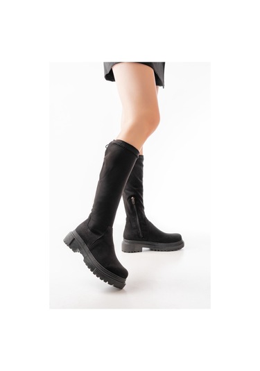 812-2291 Siyah Süet Fermuarlı Günlük Kadın Çizme Siyah