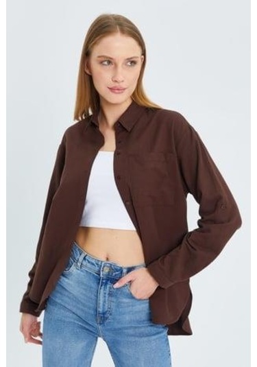 9942 Kadın Oxford Uzun Kol Basic Gömlek Kahve Kahve