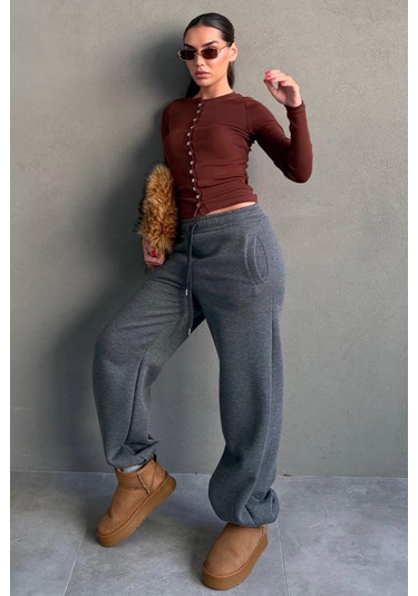 Antrasit Geniş Paça Rahat Kalıp Lastikli Eşofman Altı Mg2581 Antrasit