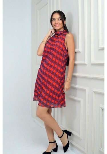 Kadın Degaje Yaka Astarlı Desenli Kısa Şifon Elbise-41773 Mor