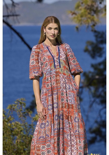 Monamise Kadın Etnik Desenli Truvakar Kollu Önü Düğmeli V Yaka Elbise 25031 Saks