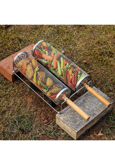 Sones Ahşap Saplı Küçük Paslanmaz Çelik Tekerlekli Izgara Sepeti Flip-top Kapaklı Barbekü Kafesi