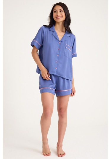 Dream Gri Mavi Viskon Kısa Kollu Şortlu Önden Düğmeli Pijama Takım Mavi