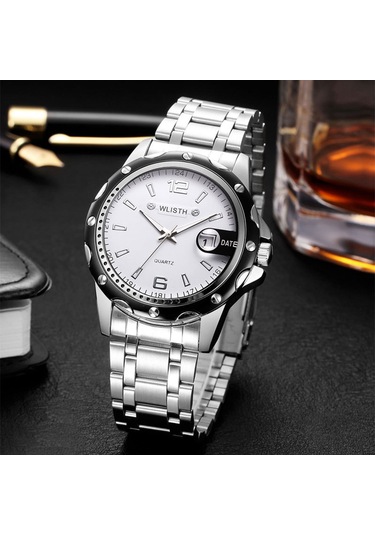 Xindoker Erkekler İçin Sulu Dayanıklı Klasik Kol Saati, Takvimli Büyük Dial, Ticari Kuvars Saat, Beyaz Dial Ve Çelik Kayışlı-2 Altın