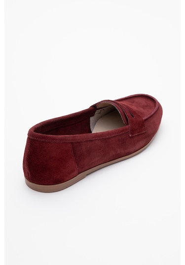 F02 Bordo Süet Hakiki Deri Kadın Loafer Ayakkabı Bordo